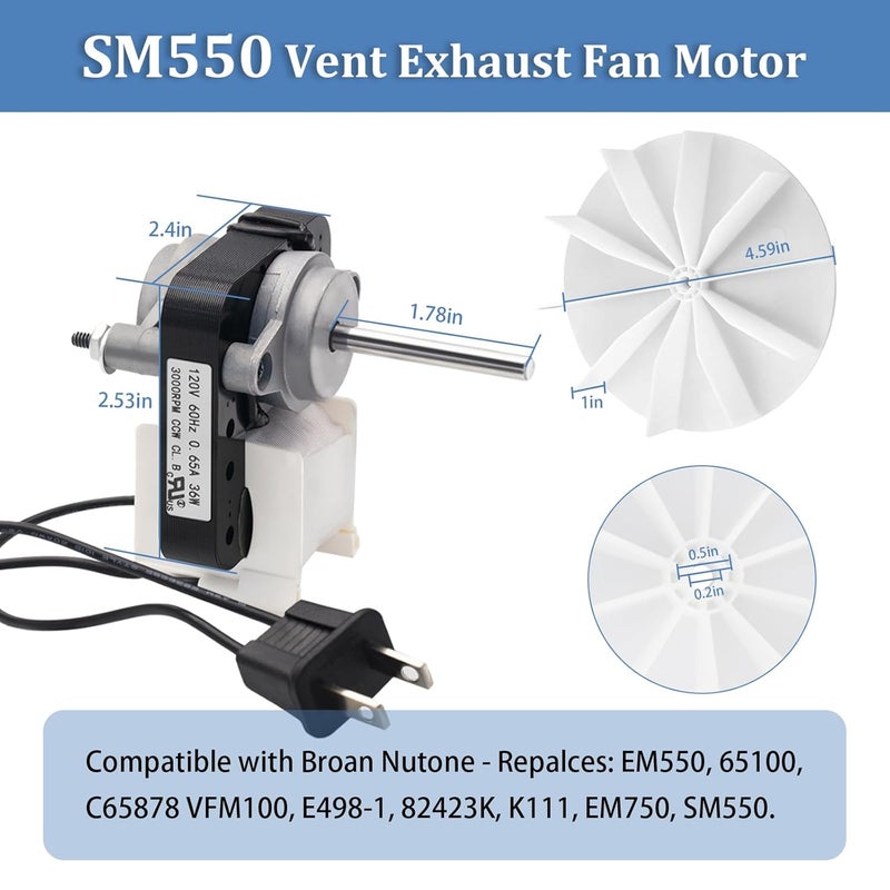 FBULWSEC Universal Bathroom Vent Exhaust Fan Motor Replacement Electric Motors Kit SM550 for NutoneBroan 50CFM, 120V Replace C01575 65100 EM550 EM750 - Image 2